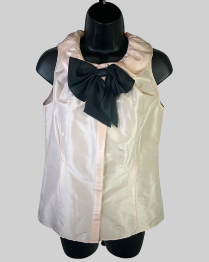 Lafayette 148 Silk Light Pink Ruffle Neckline Sleeveless Bow Button Top NWT