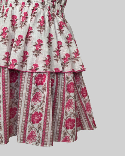 Playa Lucila Pink White Floral Ruffle Sleeveless Mini Dress w Cinched Waist