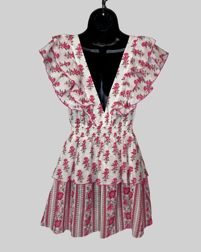 Playa Lucila Pink White Floral Ruffle Sleeveless Mini Dress w Cinched Waist