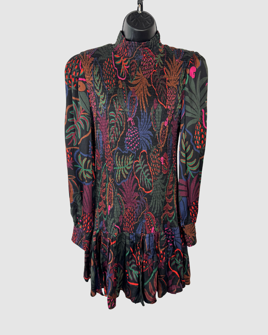 Farm Rio Black Multicolor Mock Neck Smocked Long Sleeve Mini Dress