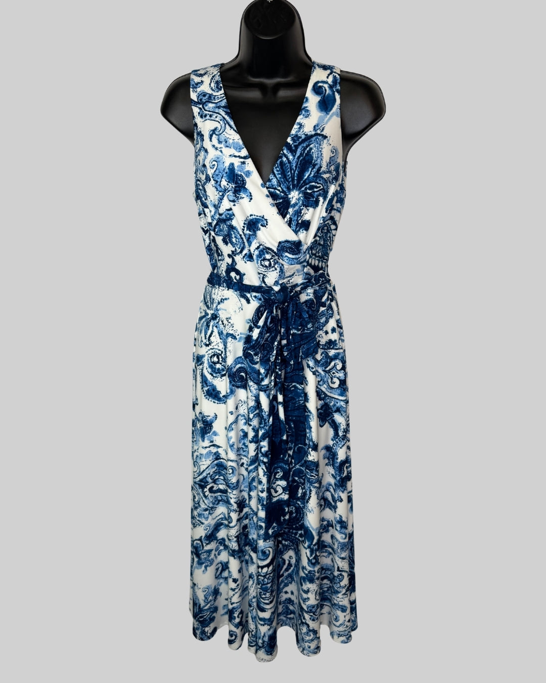 Lauren White Blue Floral V-Neck Sleeveless Waist Tie Midi Dress