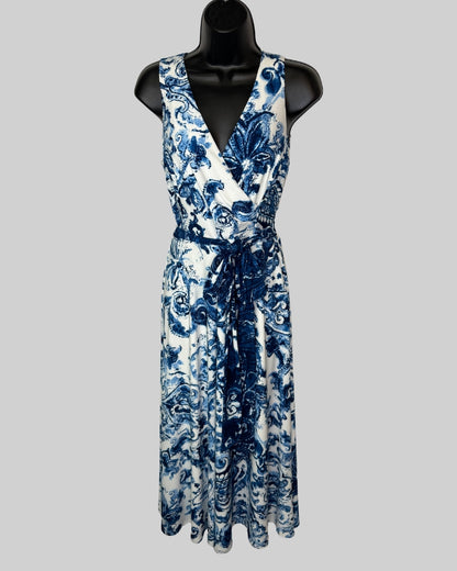 Lauren White Blue Floral V-Neck Sleeveless Waist Tie Midi Dress