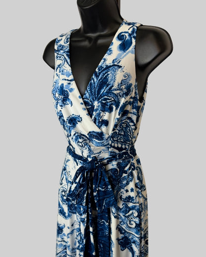 Lauren White Blue Floral V-Neck Sleeveless Waist Tie Midi Dress