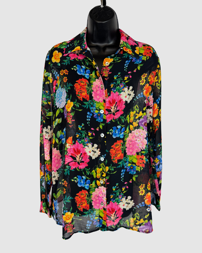 Mu Mu Black Multicolor Floral Long Sleeve Button Up Blouse (Part of Set)