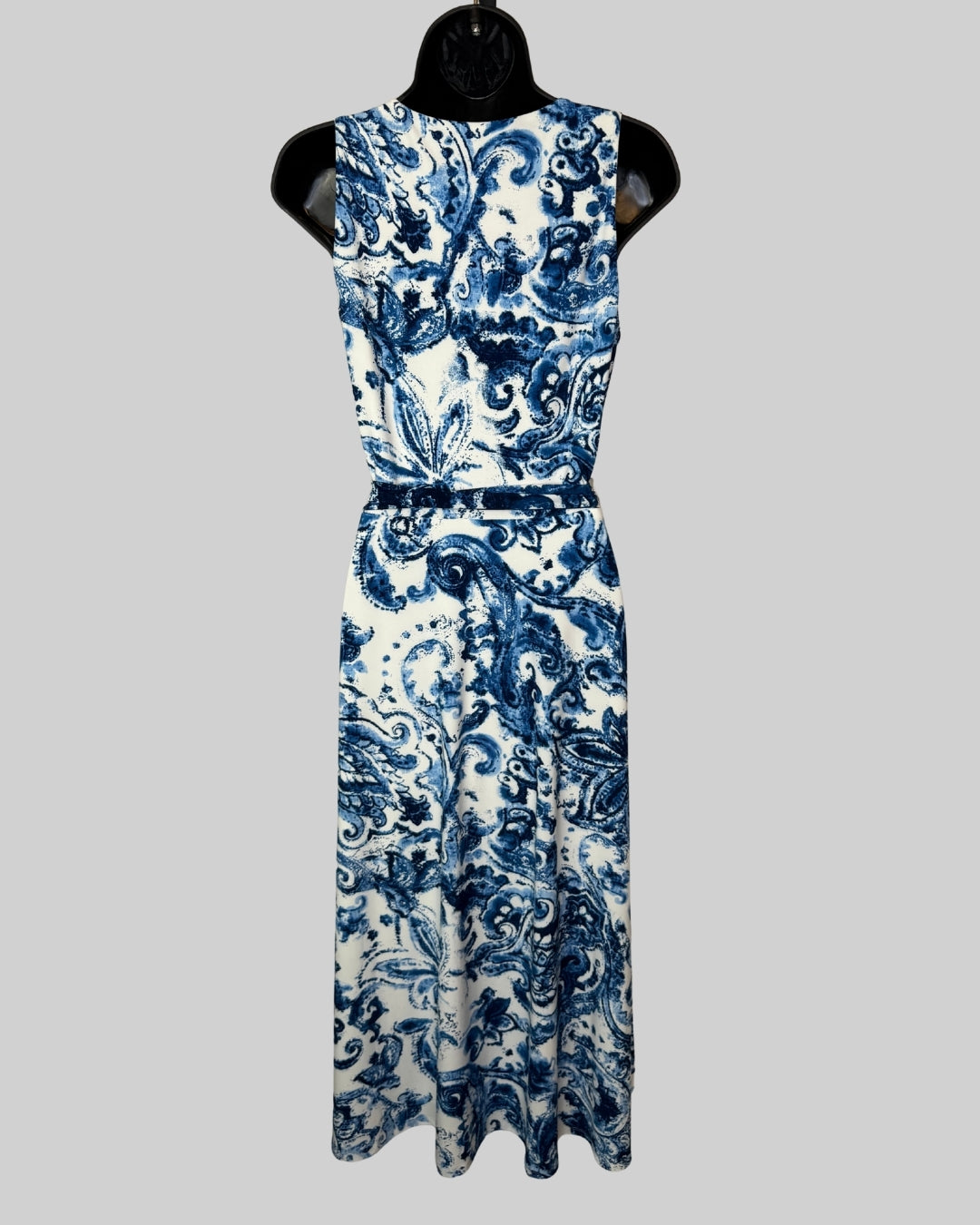 Lauren White Blue Floral V-Neck Sleeveless Waist Tie Midi Dress