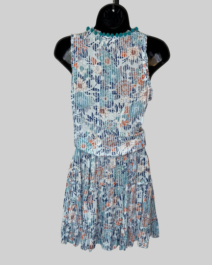 Poupette St. Barth Blue Orange Floral Tassel Neck Smocked Mini Dress