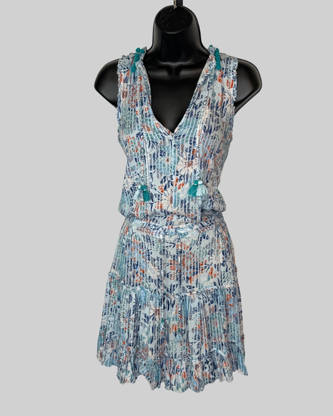 Poupette St. Barth Blue Orange Floral Tassel Neck Smocked Mini Dress