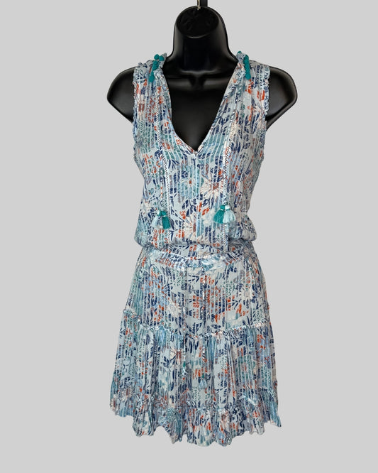Poupette St. Barth Blue Orange Floral Tassel Neck Smocked Mini Dress