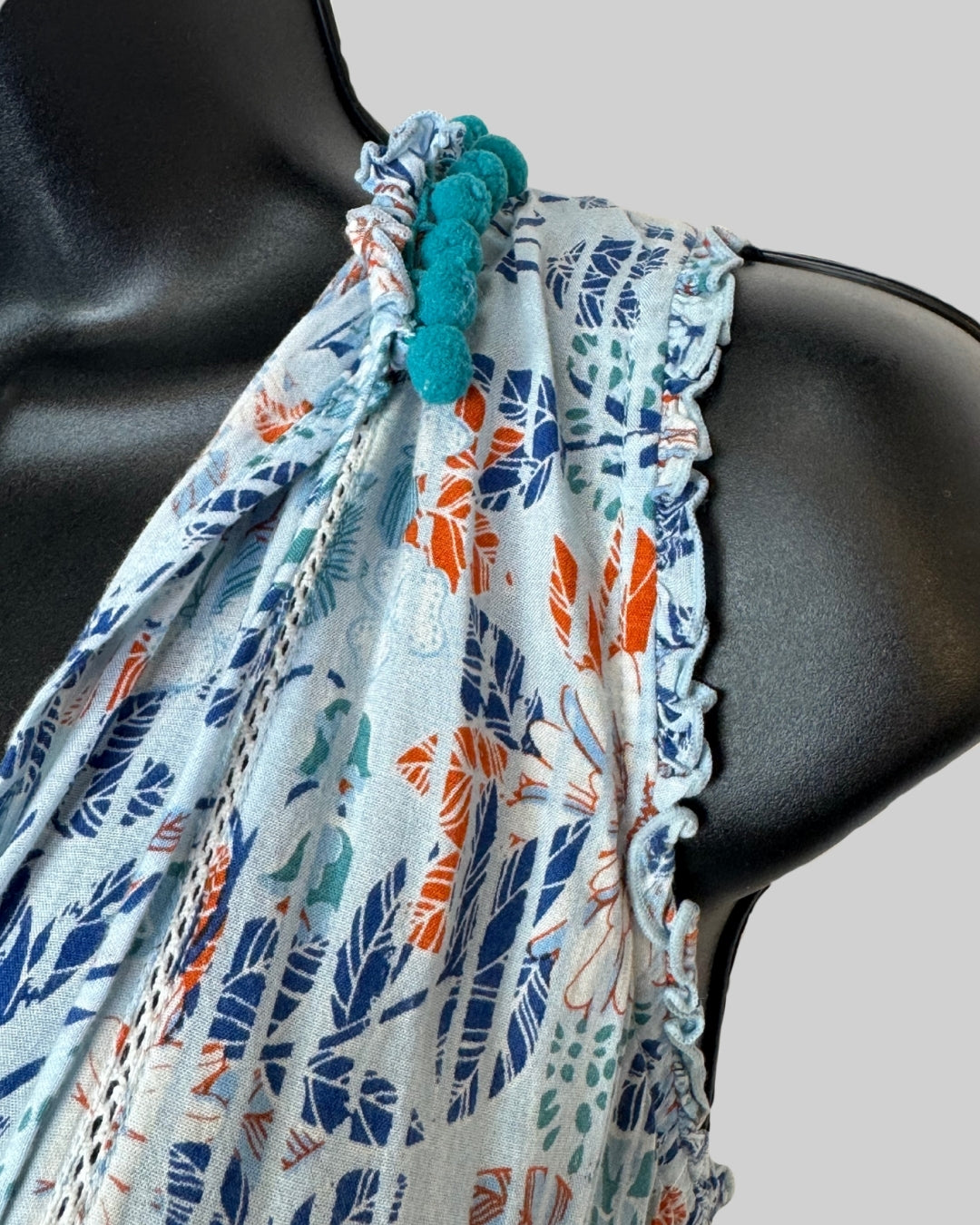 Poupette St. Barth Blue Orange Floral Tassel Neck Smocked Mini Dress