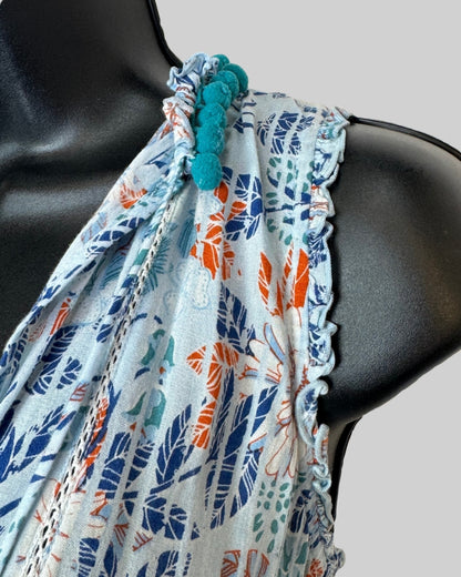 Poupette St. Barth Blue Orange Floral Tassel Neck Smocked Mini Dress