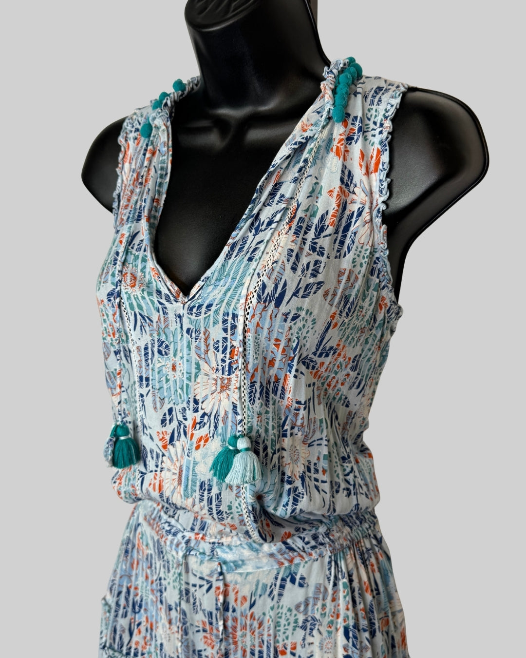 Poupette St. Barth Blue Orange Floral Tassel Neck Smocked Mini Dress