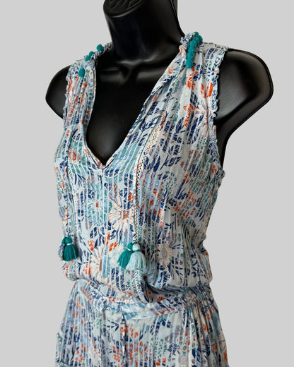 Poupette St. Barth Blue Orange Floral Tassel Neck Smocked Mini Dress