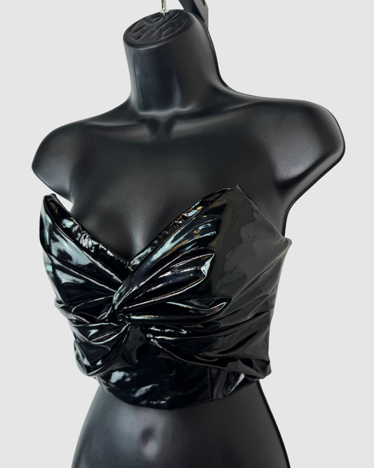 Elizabetta Franchi Faux Patent Leather Black Knotted Front Strapless Crop Top NWT