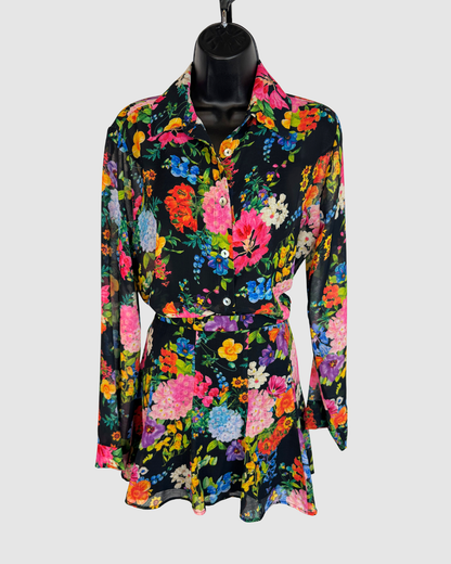 Mu Mu Black Multicolor Floral Long Sleeve Button Up Blouse (Part of Set)