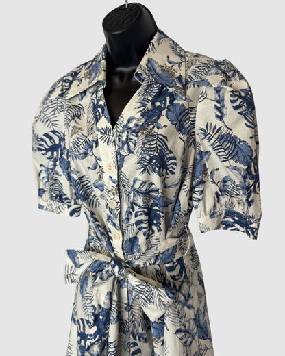 Teri Jon White w/ Blue Palm Print Short Sleeve Button Down Knee-length Dress