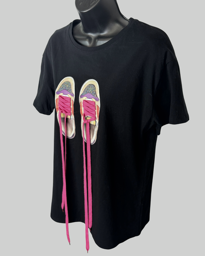 Evis Black Graphic Sneaker Sparkle Pink Lace Up Detail T-Shirt