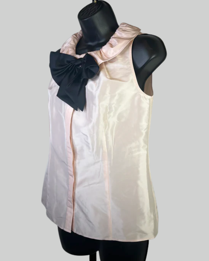 Lafayette 148 Silk Light Pink Ruffle Neckline Sleeveless Bow Button Top NWT