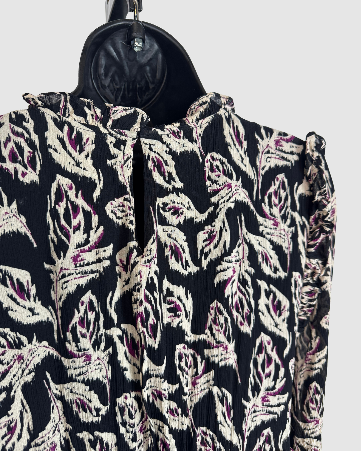 Ba&sh Black White Purple Print High Neck Long Sleeve Midi Dress w Ruffles