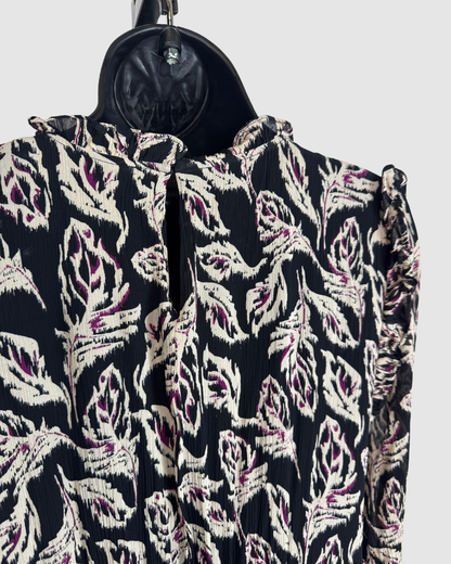 Ba&sh Black White Purple Print High Neck Long Sleeve Midi Dress w Ruffles