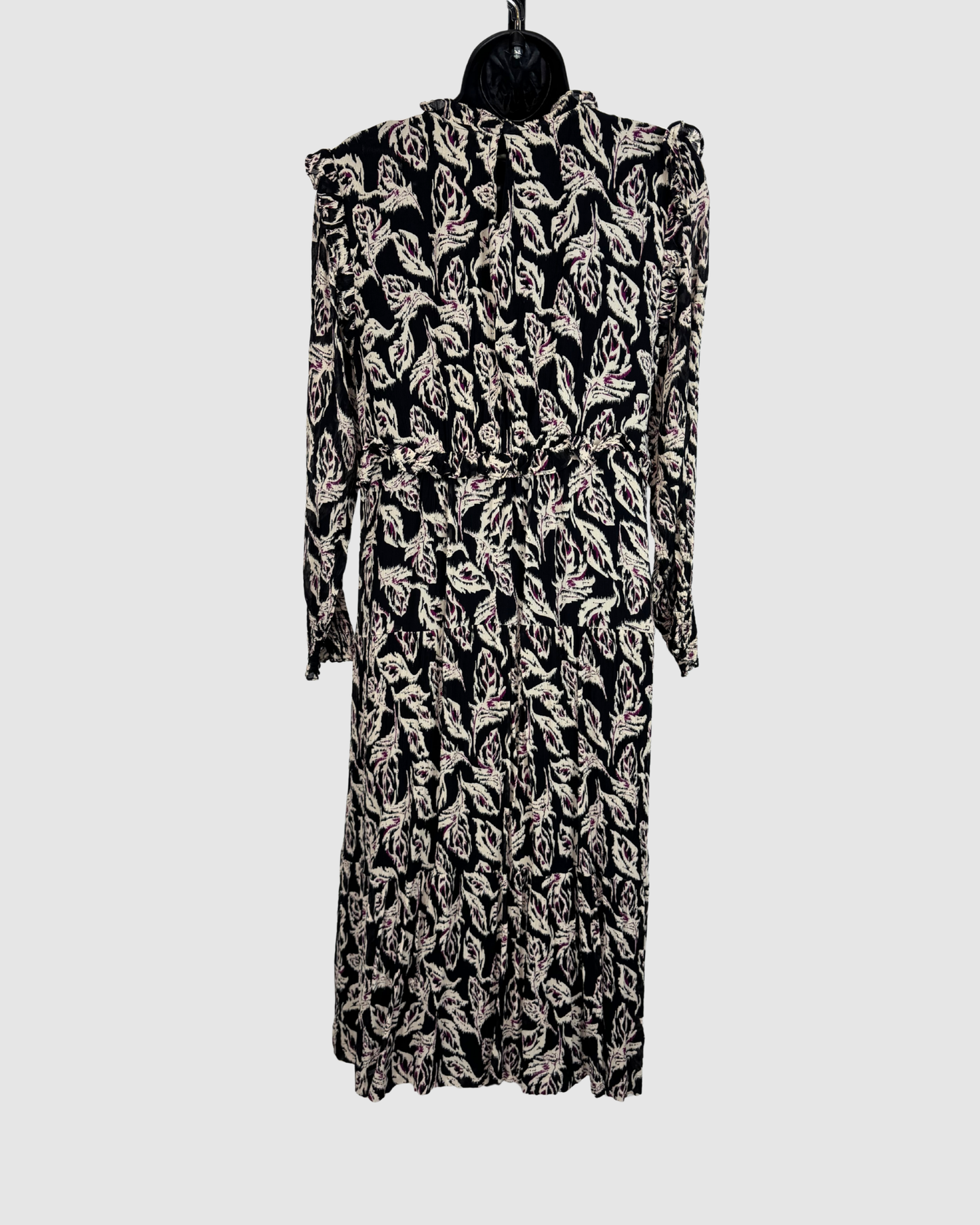 Ba&sh Black White Purple Print High Neck Long Sleeve Midi Dress w Ruffles