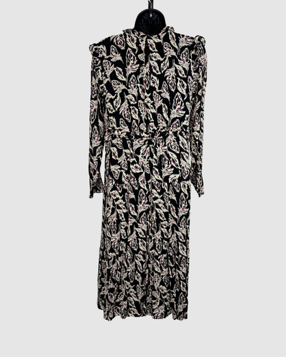 Ba&sh Black White Purple Print High Neck Long Sleeve Midi Dress w Ruffles