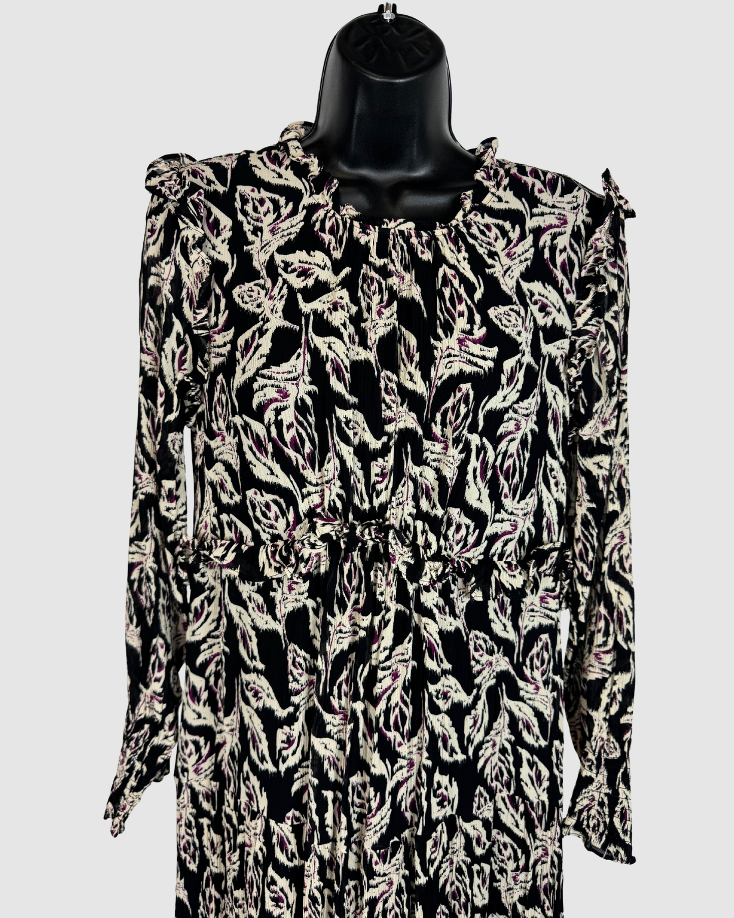 Ba&sh Black White Purple Print High Neck Long Sleeve Midi Dress w Ruffles