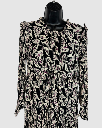 Ba&sh Black White Purple Print High Neck Long Sleeve Midi Dress w Ruffles