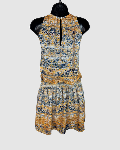 Ramy Brook Silk Yellow Blue Print Halter-Neck Smocked Waist Mini Dress