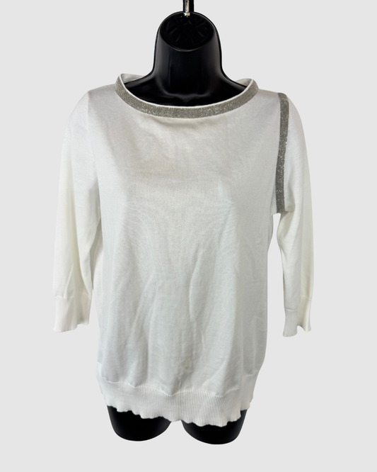 Fabiana Filippi White Crew Neck Sweater w/ Beaded Neckline