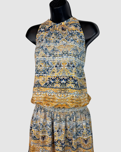 Ramy Brook Silk Yellow Blue Print Halter-Neck Smocked Waist Mini Dress
