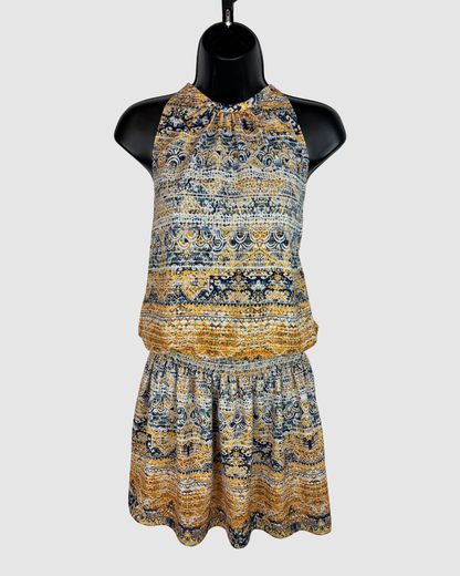 Ramy Brook Silk Yellow Blue Print Halter-Neck Smocked Waist Mini Dress