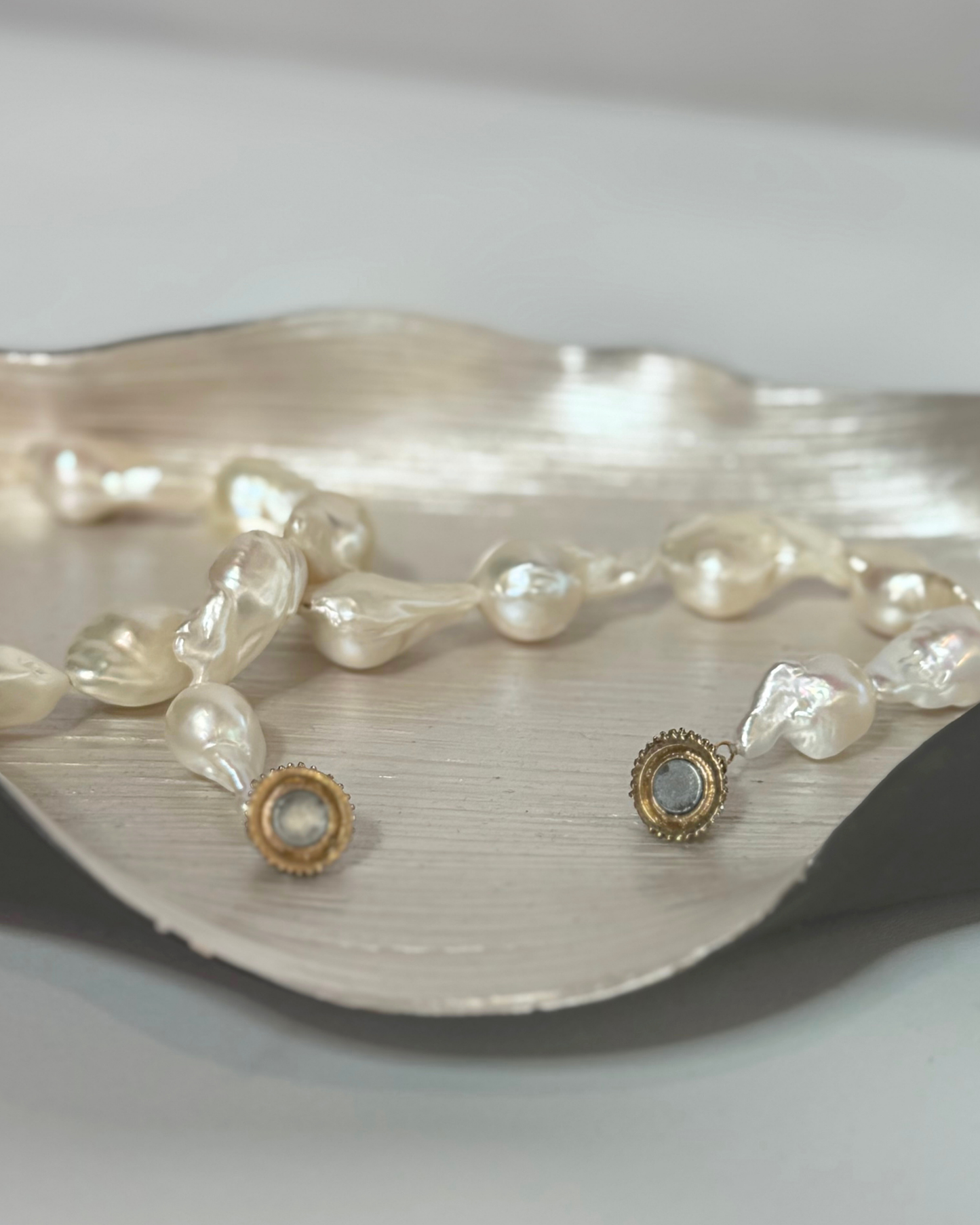 Pearl Baroque Shape Necklace w Gold Rhinestone Sphere Clasp
