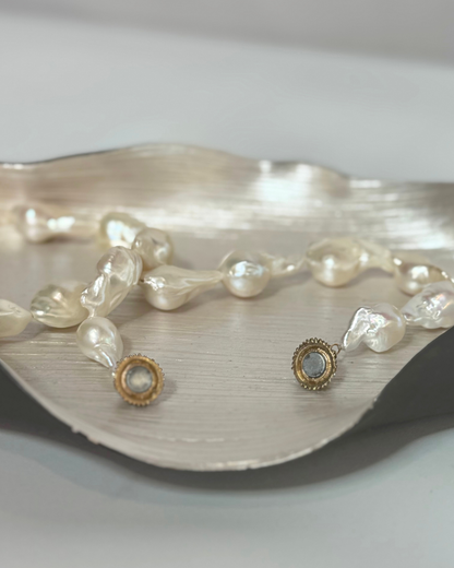 Pearl Baroque Shape Necklace w Gold Rhinestone Sphere Clasp