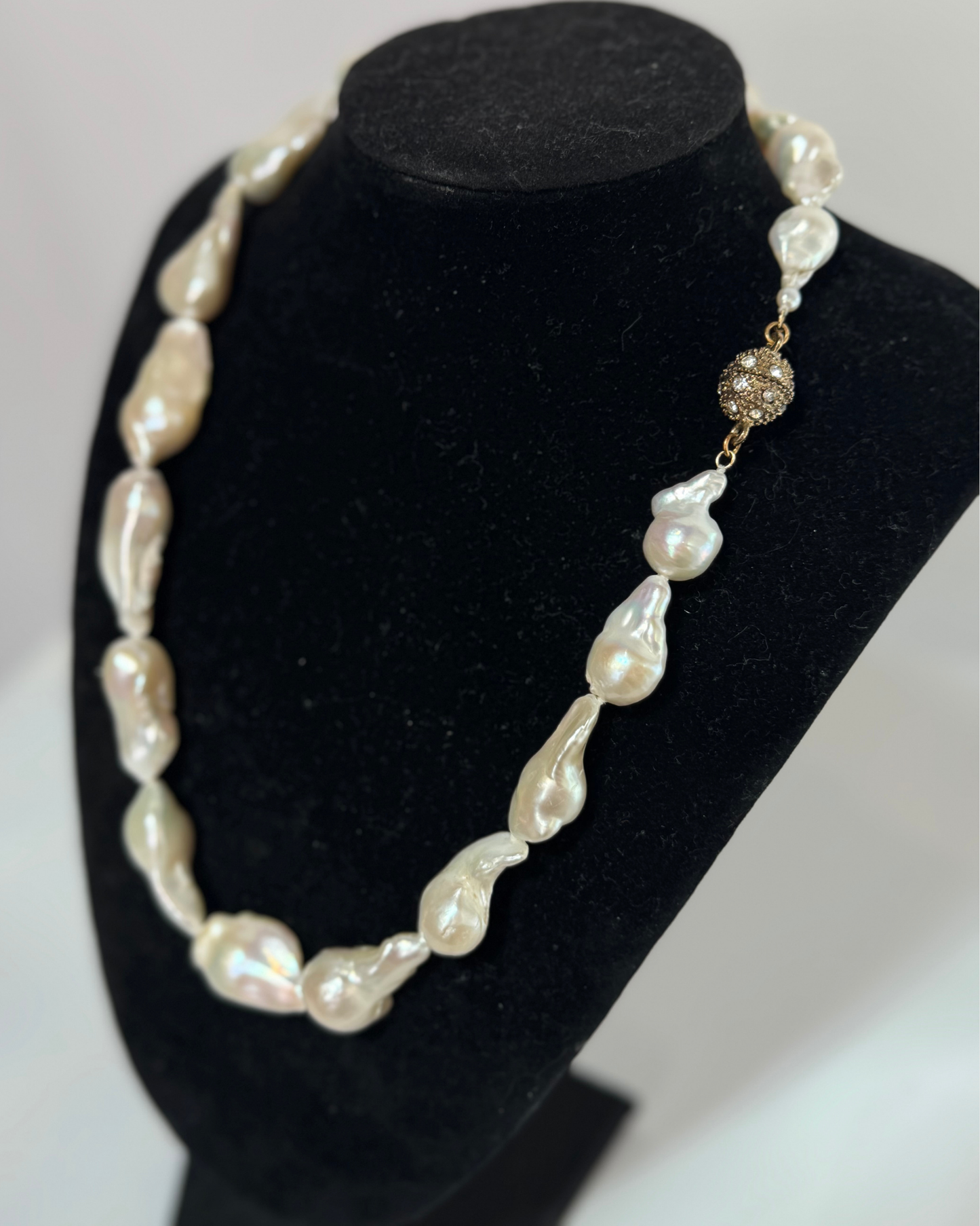 Pearl Baroque Shape Necklace w Gold Rhinestone Sphere Clasp