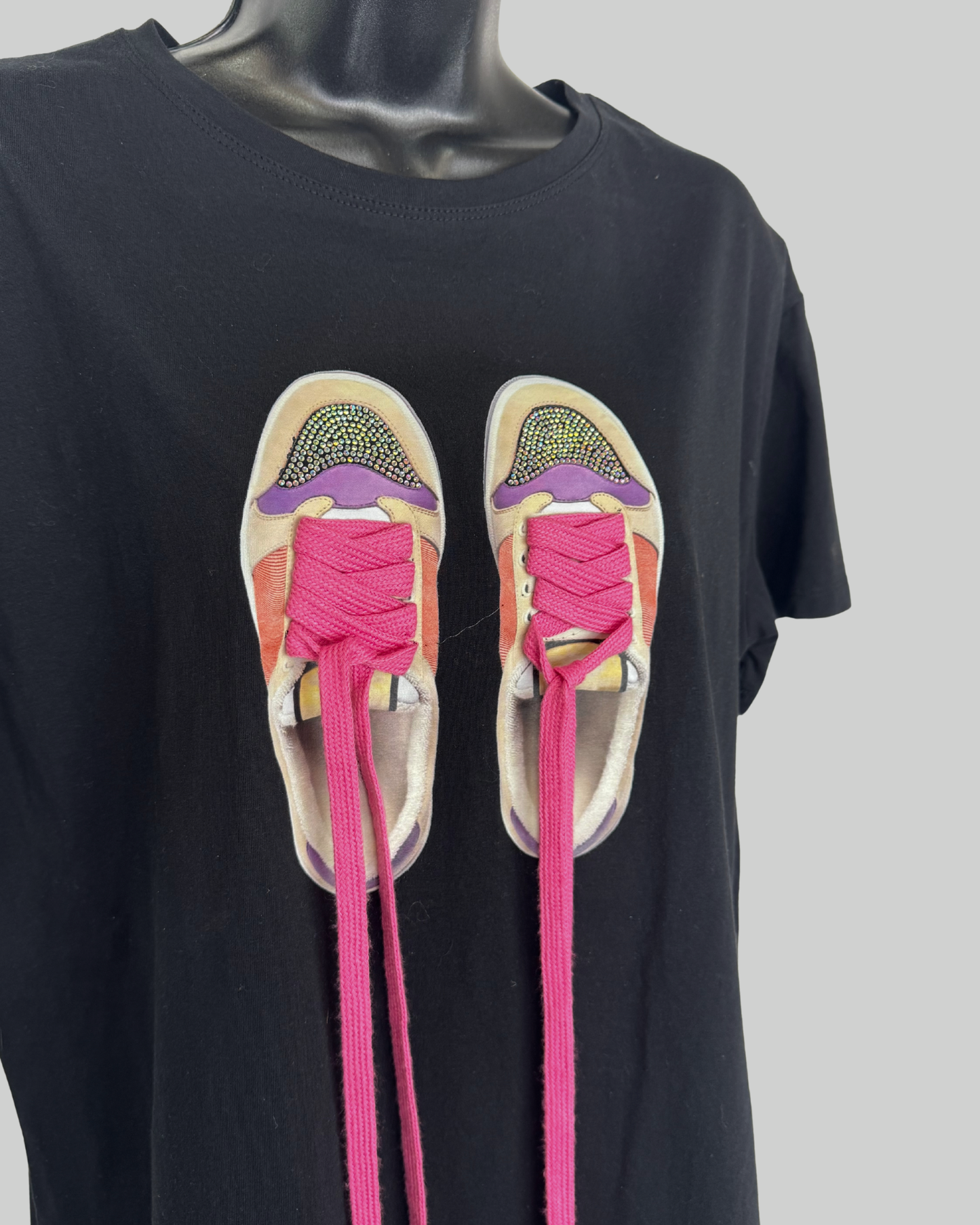 Evis Black Graphic Sneaker Sparkle Pink Lace Up Detail T-Shirt