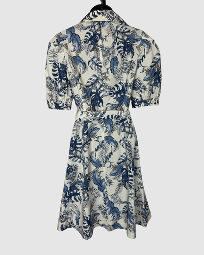 Teri Jon White w/ Blue Palm Print Short Sleeve Button Down Knee-length Dress