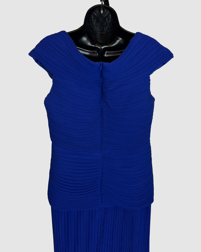 Tadashi Shoji Blue Multi Pleat Twist-Neck Cap-Sleeve Gown