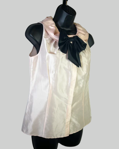 Lafayette 148 Silk Light Pink Ruffle Neckline Sleeveless Bow Button Top NWT