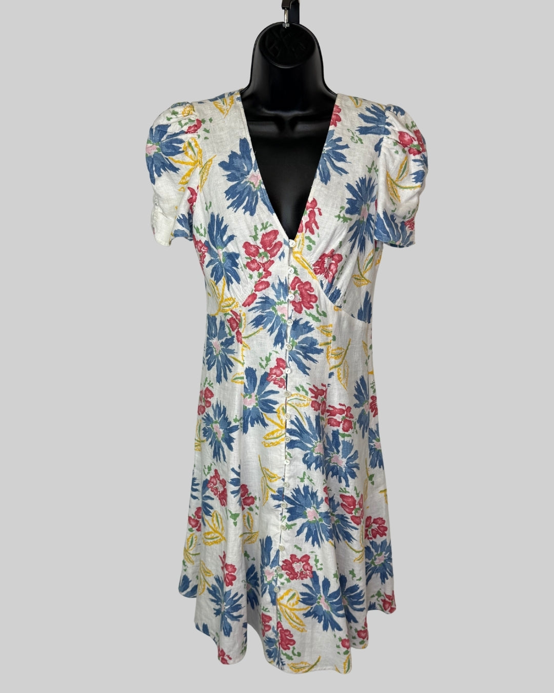 Polo Ralph Lauren White Multicolor Floral Short Puff Sleeve Button Knee-Length Dress NWT