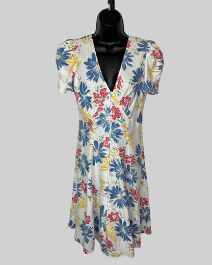 Polo Ralph Lauren White Multicolor Floral Short Puff Sleeve Button Knee-Length Dress NWT