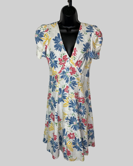 Polo Ralph Lauren White Multicolor Floral Short Puff Sleeve Button Knee-Length Dress NWT