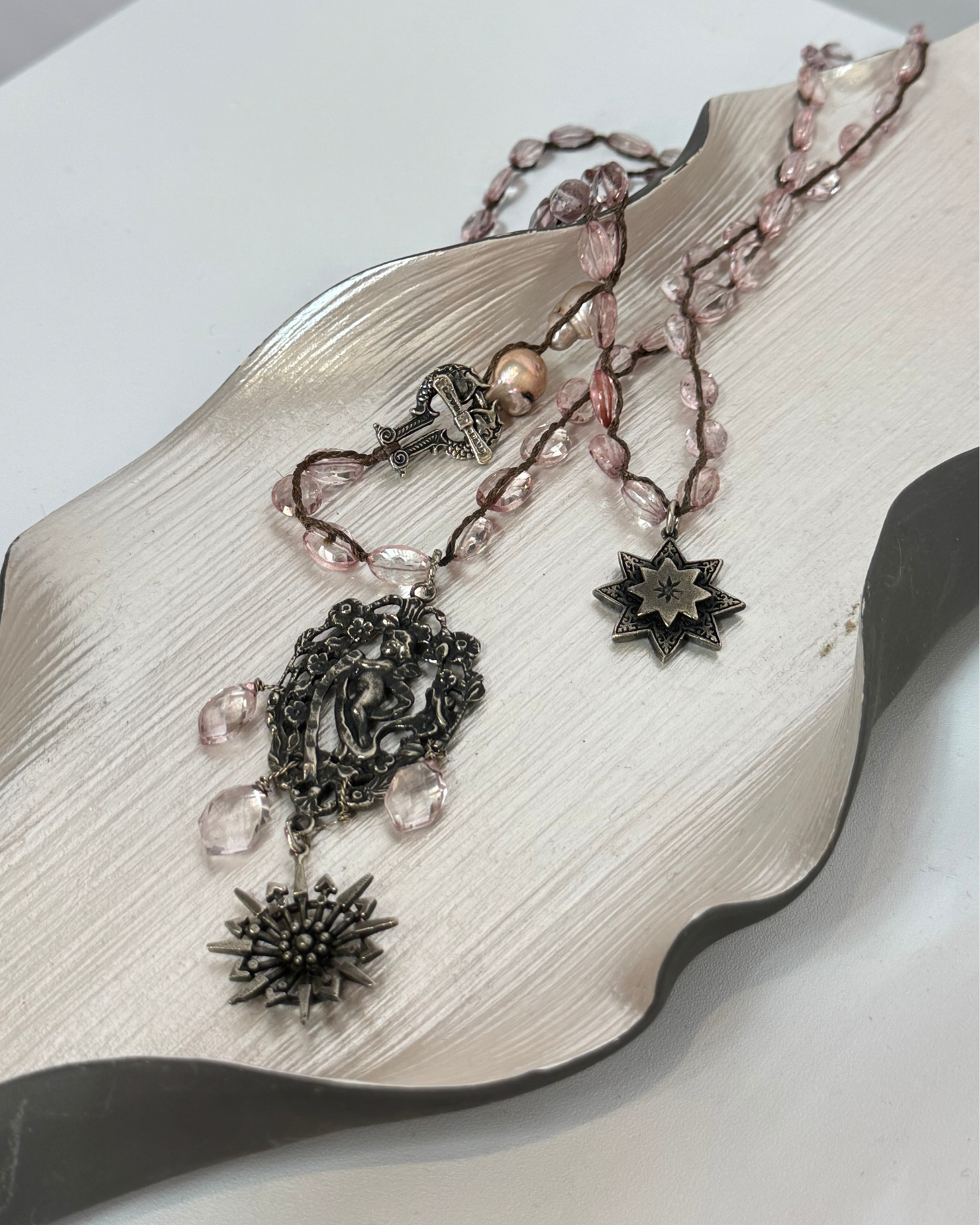 Light Purple Beaded Silver "Cupid" Pendant Necklace
