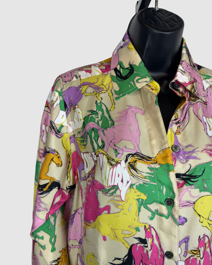 Zadig & Voltaire Silk Multi-Colored Horse Print Button Down Shirt Dress
