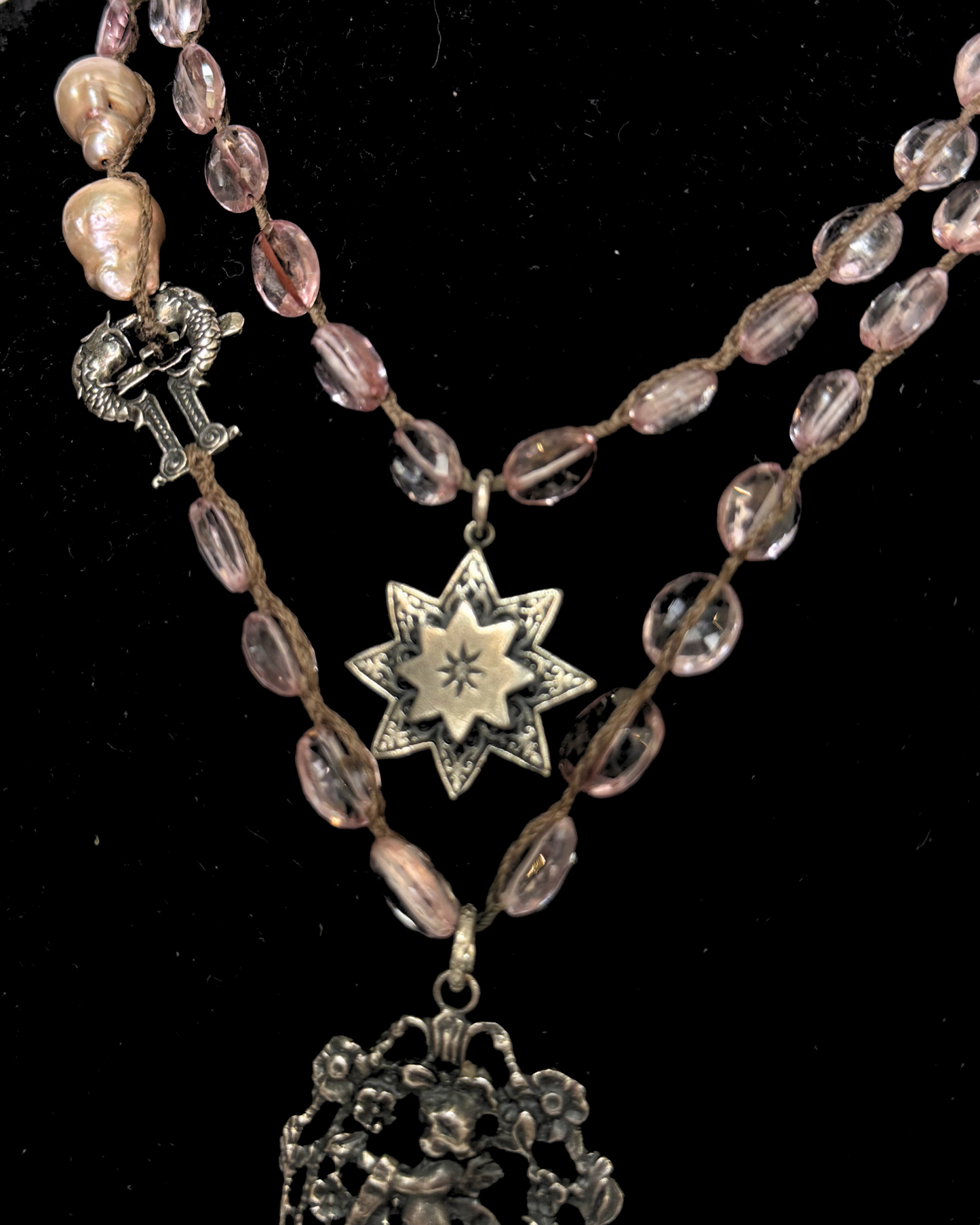 Light Purple Beaded Silver "Cupid" Pendant Necklace