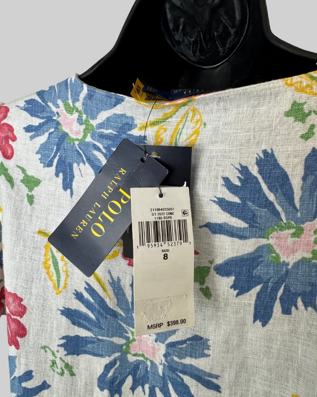 Polo Ralph Lauren White Multicolor Floral Short Puff Sleeve Button Knee-Length Dress NWT