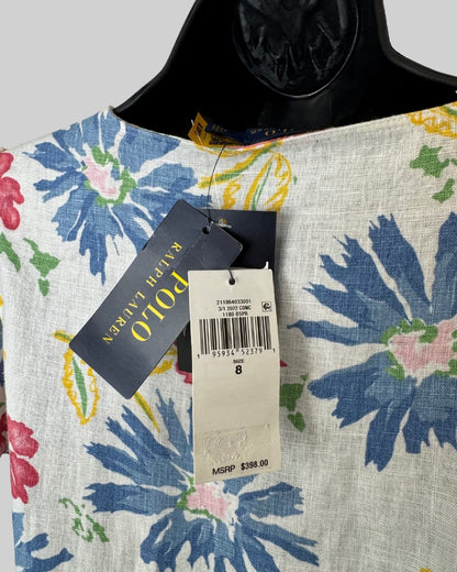 Polo Ralph Lauren White Multicolor Floral Short Puff Sleeve Button Knee-Length Dress NWT
