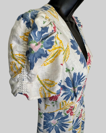 Polo Ralph Lauren White Multicolor Floral Short Puff Sleeve Button Knee-Length Dress NWT