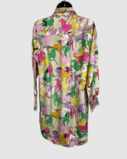 Zadig & Voltaire Silk Multi-Colored Horse Print Button Down Shirt Dress