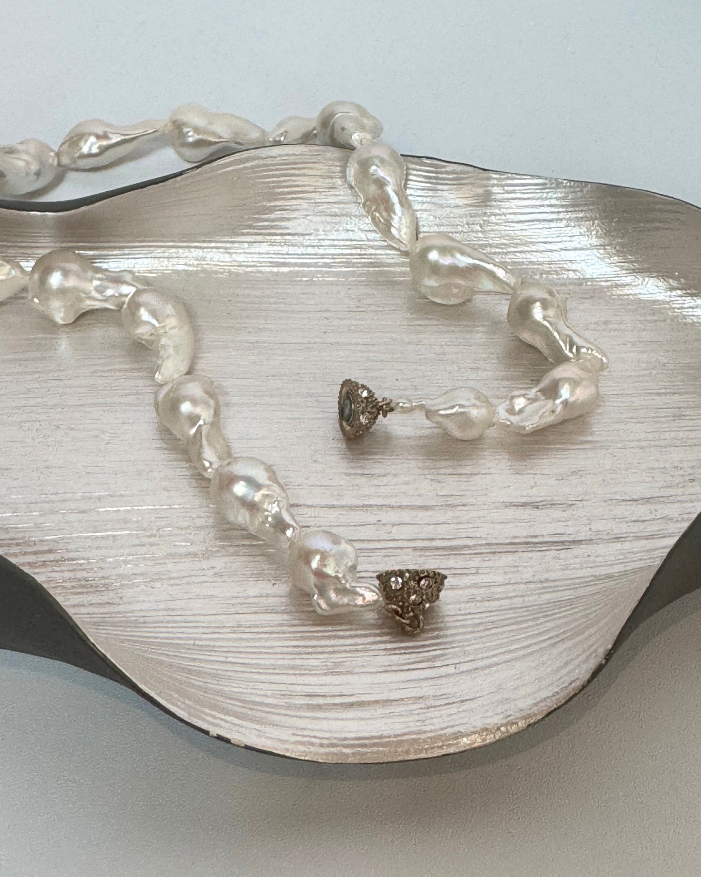Pearl Baroque Shape Necklace w Gold Rhinestone Sphere Clasp