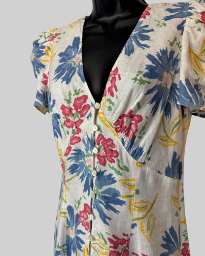 Polo Ralph Lauren White Multicolor Floral Short Puff Sleeve Button Knee-Length Dress NWT